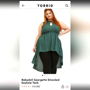 NWT Green Torrid Babydoll Georgette smocked keyhole tank